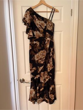 Asymmetric One-Shoulder Black Floral Midi Dress with Ruffle Hem